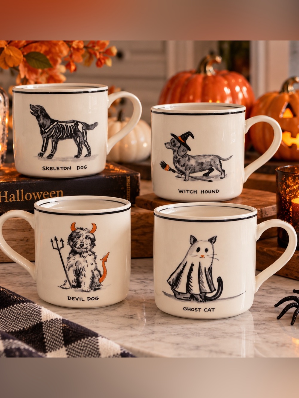 Molly Hatch Anthropologie Halloween Mug Set of 4 Dog Cat New